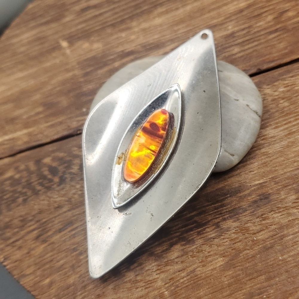 Baltic amber sterling silver flute‎ Orchid pendant mid century modernist